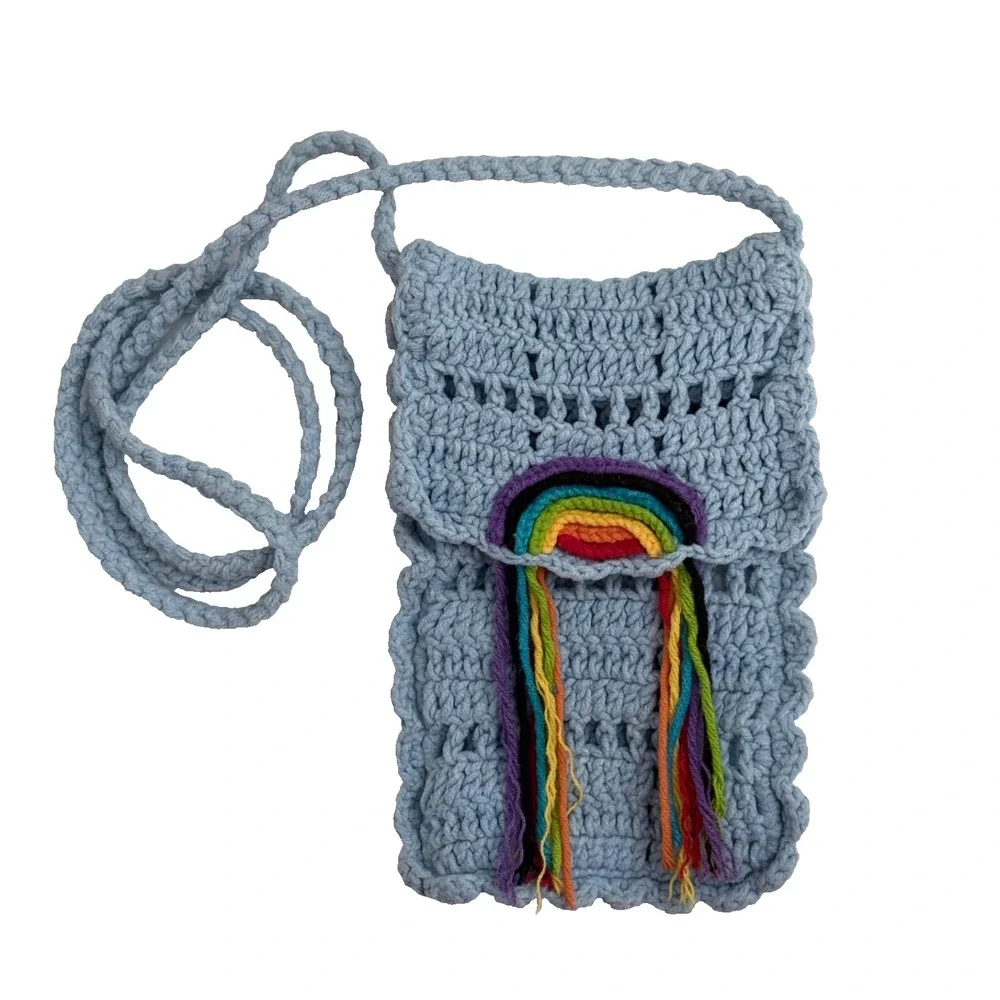 Handmade Cotton Crochet Bag Crossbody Long Strap Light Sky Blue Rainbow